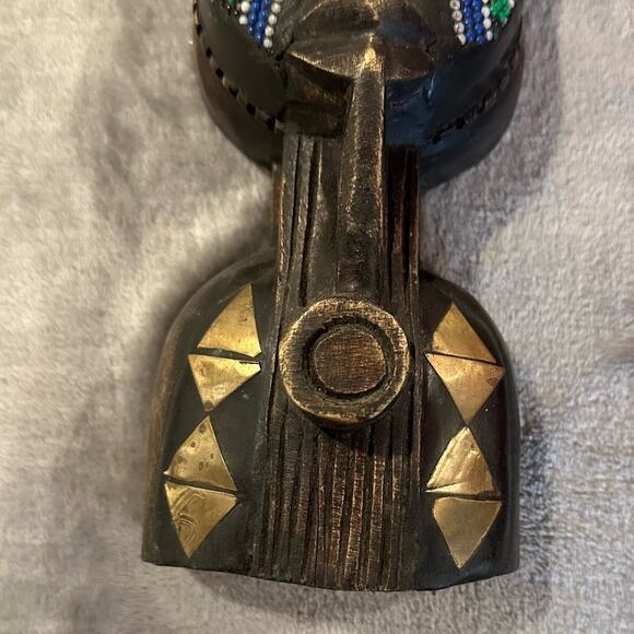 Wooden Mask Ghana Africa Ghanean Tribal Beaded Cheeks African Art Embossed Metal - Picture 7 of 11